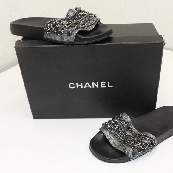 CHANEL Chain Pearl Leather Tweed Black Sandal Womens Size 37/US 7 - Picture 1 of 16